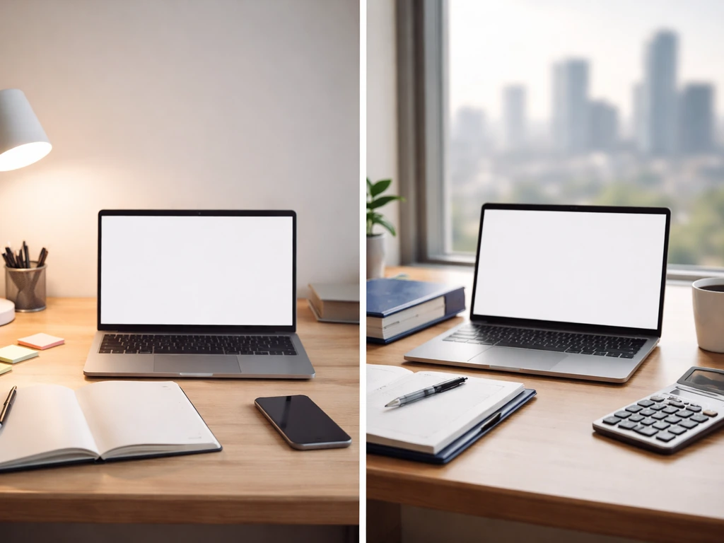 Minimal split-screen of two desks: UX design setup on one side and finance-style desk on the other.