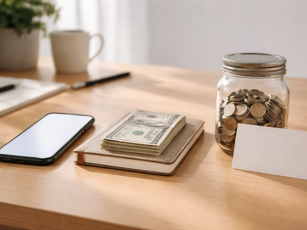 Minimal desk scene showing three separate wealth-related objects representing income, savings, and investments