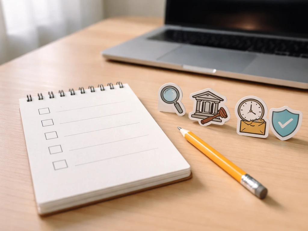Minimal desk scene with checklist notepad, pen, and laptop showing archived-style web page thumbnails