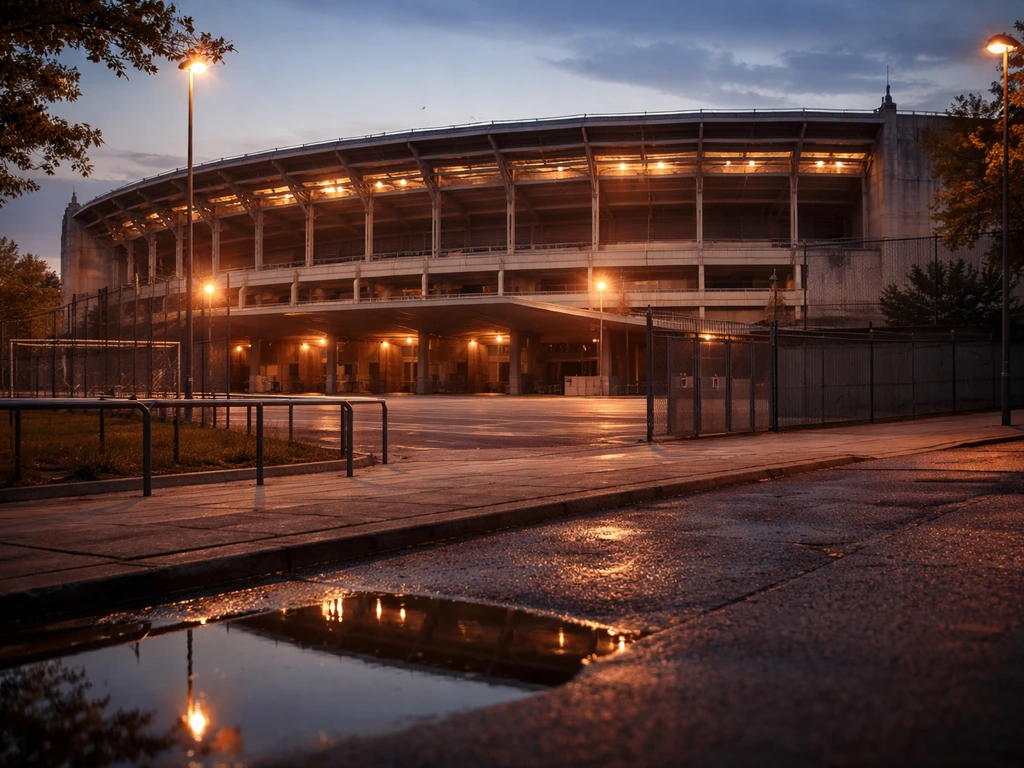 Evening view of Estadio José Zorrilla exterior with subtle wealth-and-ownership symbolism