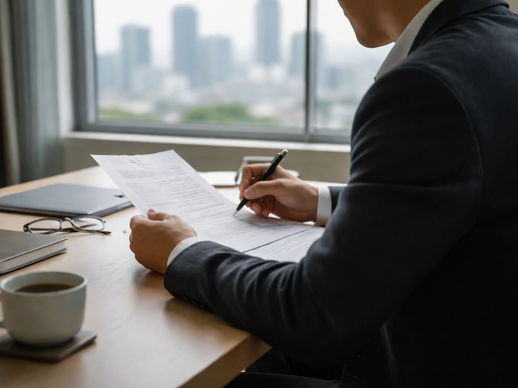 Anonymous finance professional at a desk reviewing documents in a quiet modern office.