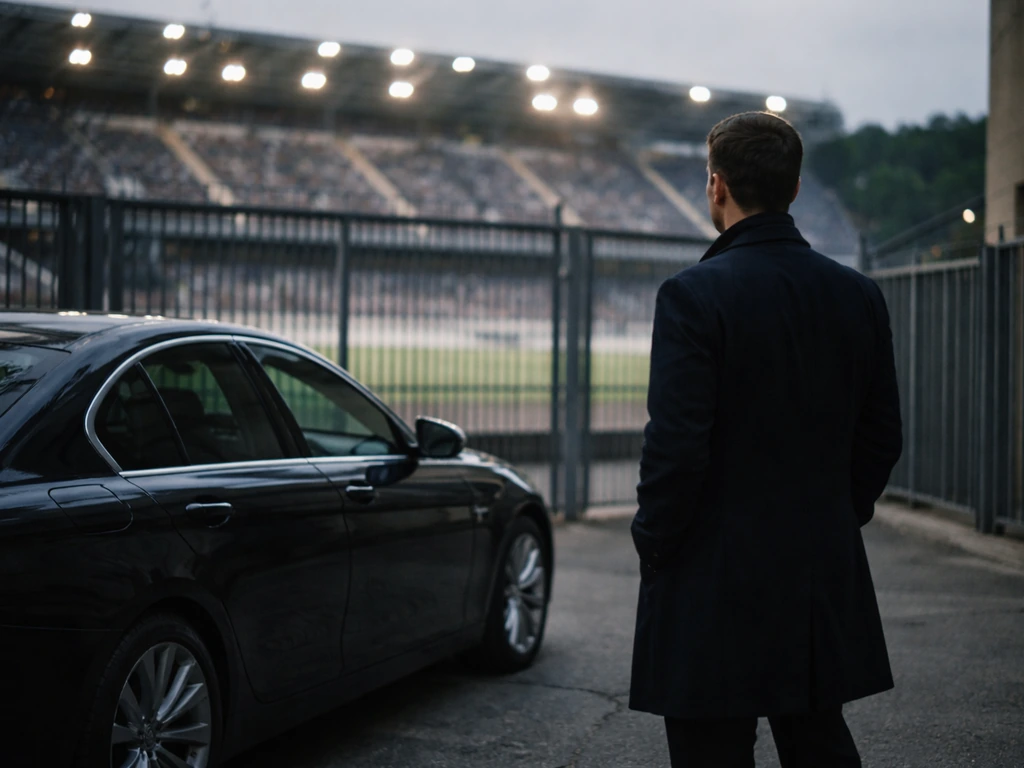 Anonymous suited man near a stadium entrance with a blurred grandstand, suggesting a 2018 football takeover shift.