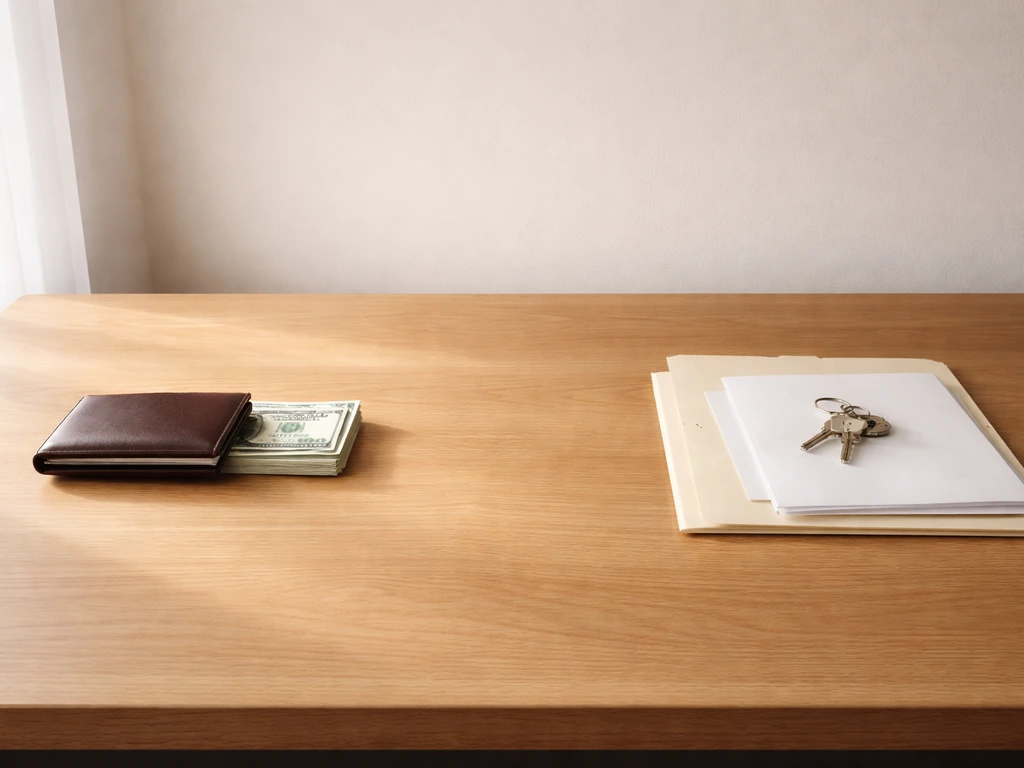 Minimal desk scene with wallet and cash beside blank envelopes and a keyring, symbolizing assets vs liabilities.