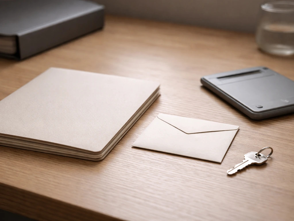 An anonymous desk with sealed documents, a key, and a blurred folder marked only by the idea of secrecy