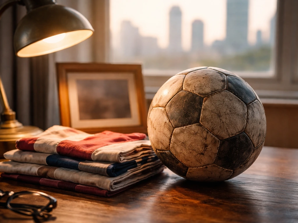 MLS-era football memorabilia and a worn leather ball in a softly lit office-like setting