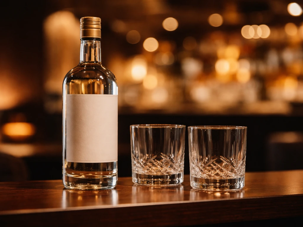 A premium aguardiente bottle on a modern bar shelf with warm lights, symbolizing a business venture.
