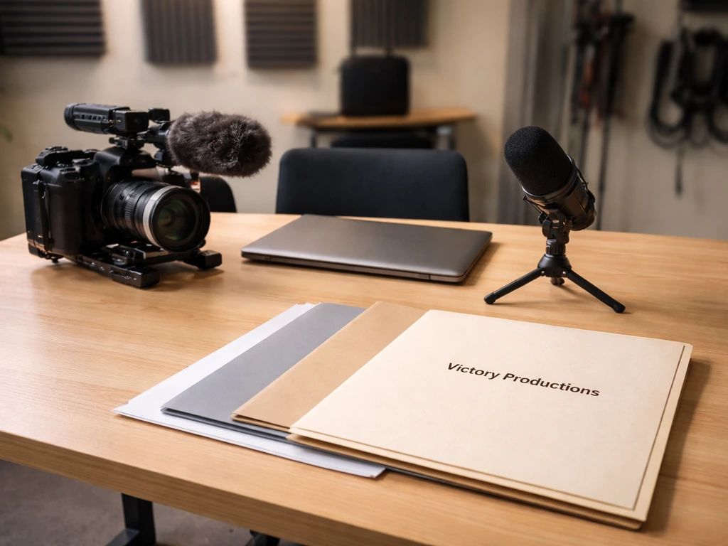 Minimal production studio office scene with film gear and a folder marked “Victory Productions”.