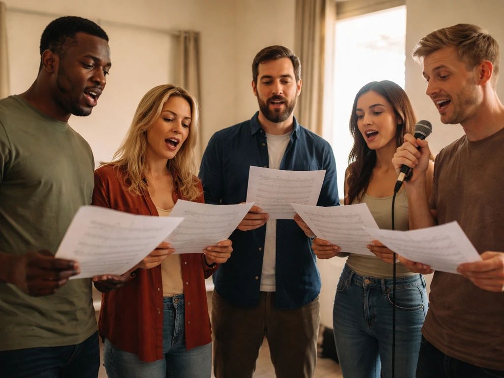 A small multi-singer ensemble rehearses together in a simple room, focused and coordinated.
