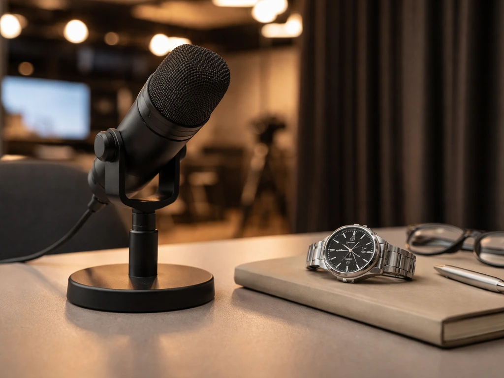 An anonymous TV studio desk with a microphone and a luxury watch, symbolizing media wealth and net worth