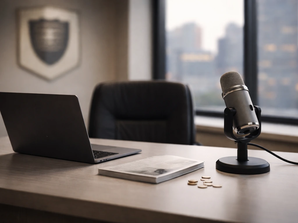 Forbes-style business media setting with a subtle absence cue—empty money-themed desk and microphone