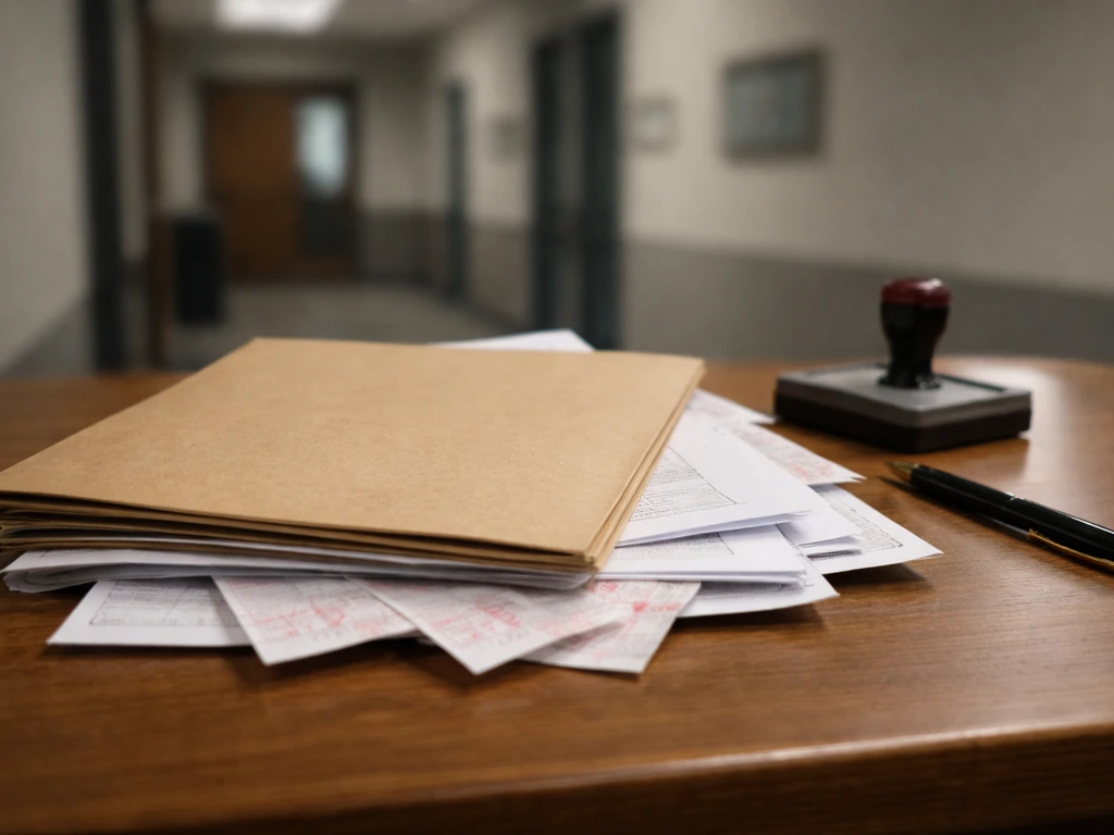 Close-up of a tax document folder and stamped receipts on a desk with a blurred government office background.