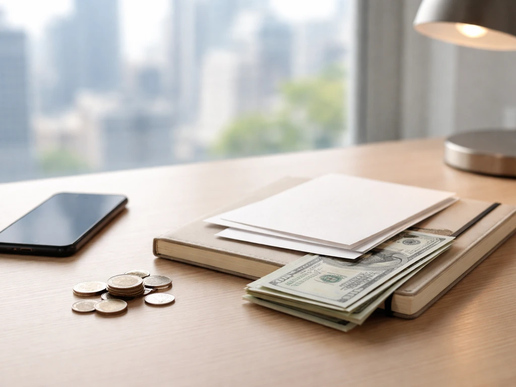 Minimal desk scene with a smartphone, notebook, and cash-like objects suggesting media earnings analysis
