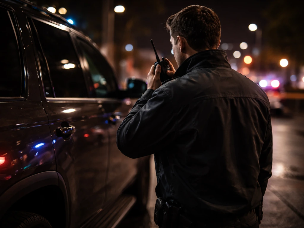 Anonymous agent in a dark jacket holds a walkie-talkie on a night street beside an unmarked vehicle.