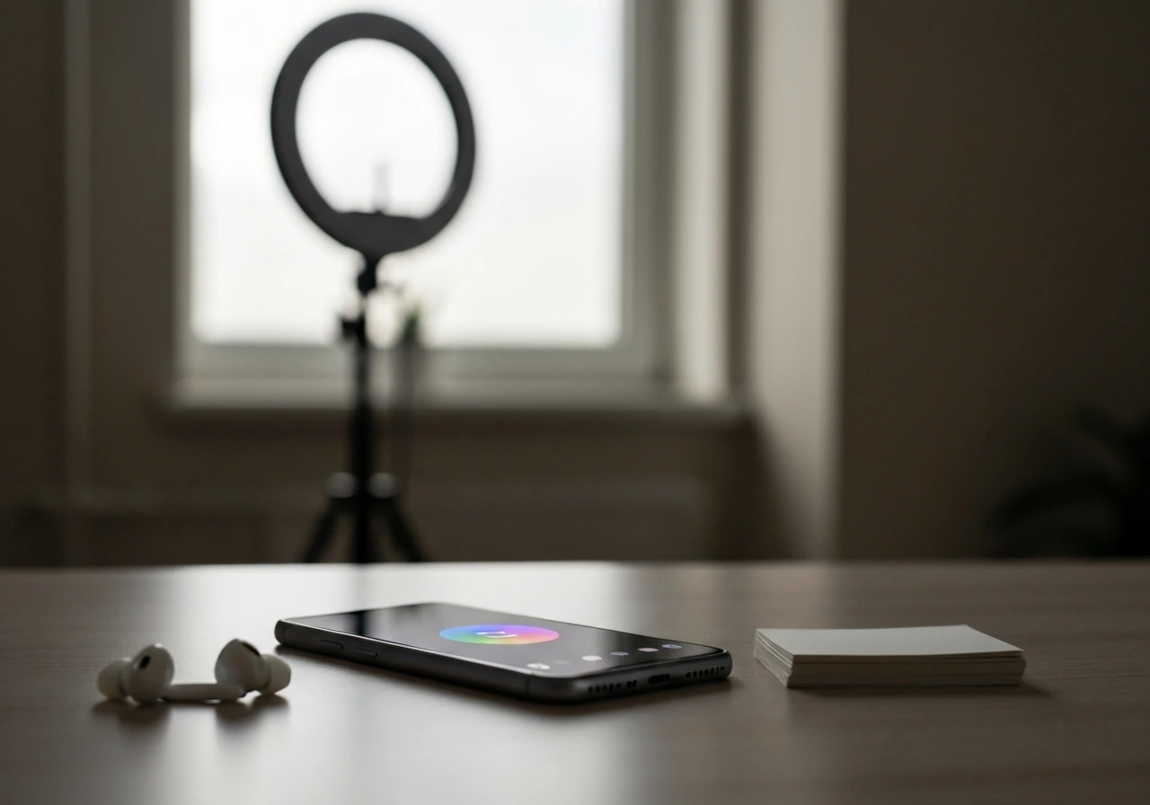 Smartphone on a desk in a minimal studio setup, suggesting influencer work and public-profile analysis.