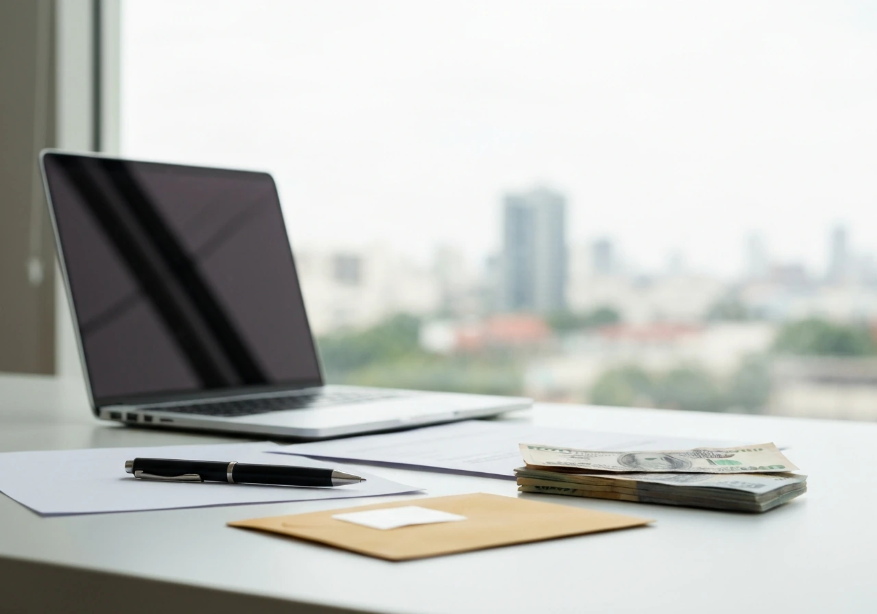 Minimal photo of a laptop on a desk with scattered documents and a pen, symbolizing a creator net worth estimate range.