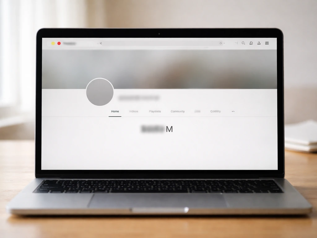 Close-up of an anonymous creator’s YouTube channel page on a laptop, clean interface with profile icon and subscriber co