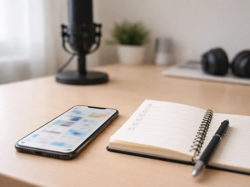 Minimal desk scene with a smartphone showing blurred analytics-style app screens and a notebook checklist for tracking