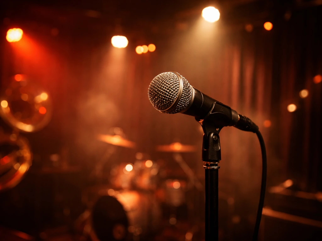 Moody music studio scene with a red microphone and warm stage lights, symbolizing a lead singer’s income and spotlight.