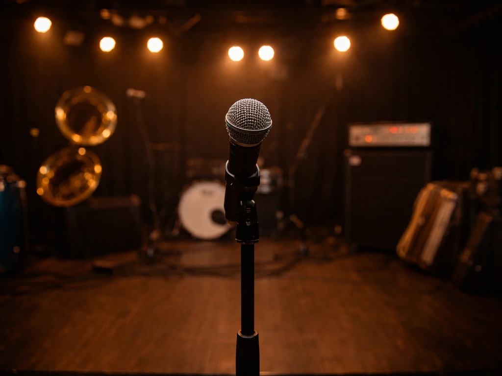 Wireless microphone on a stage with warm blurred lights, suggesting a live band performance.