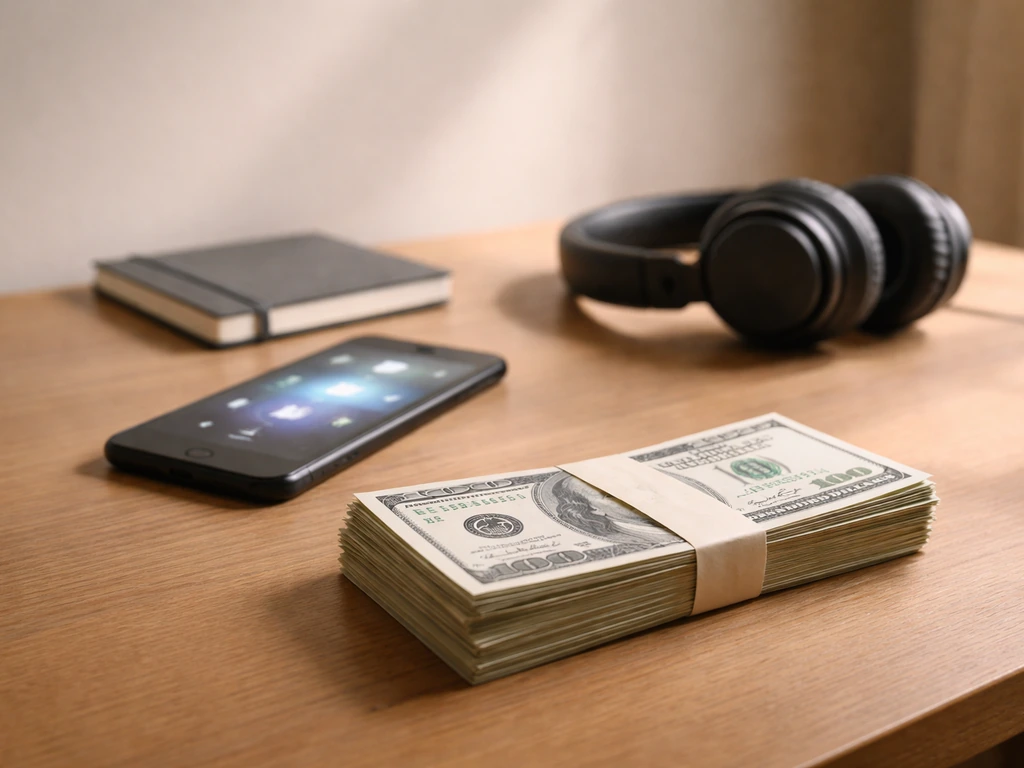 Minimal photo of a small music studio desk with a phone, notebook, and streaming media icons on a screen glow
