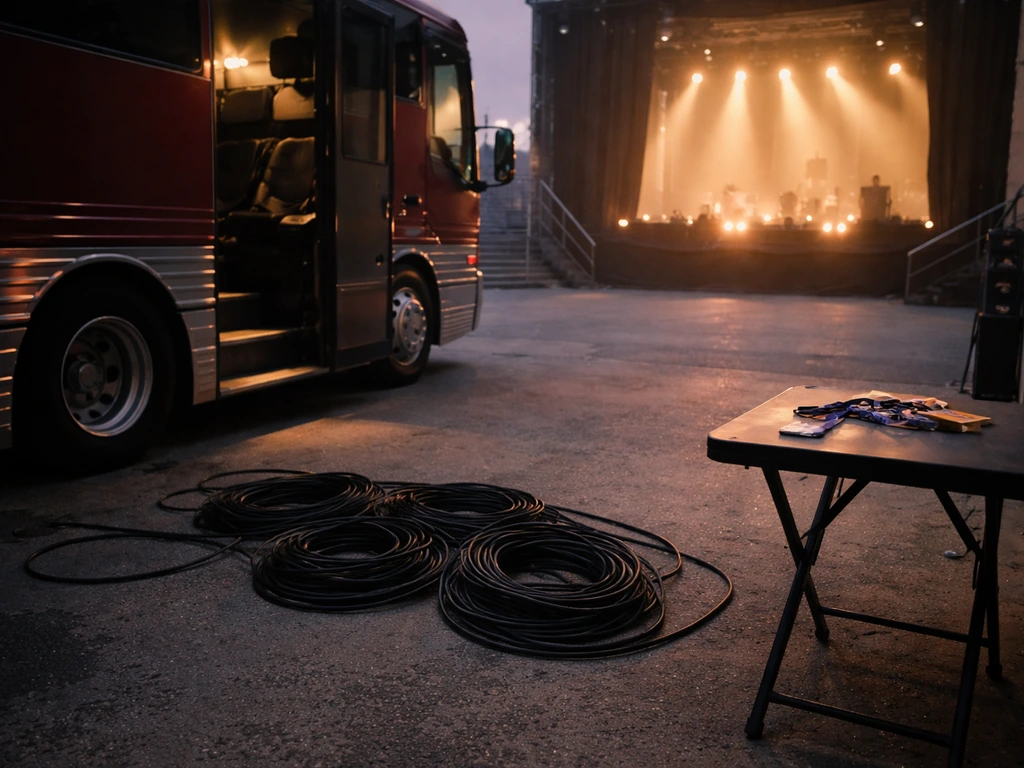 Backstage dusk scene with a tour bus, coiled cables, and a softly lit concert stage glow.