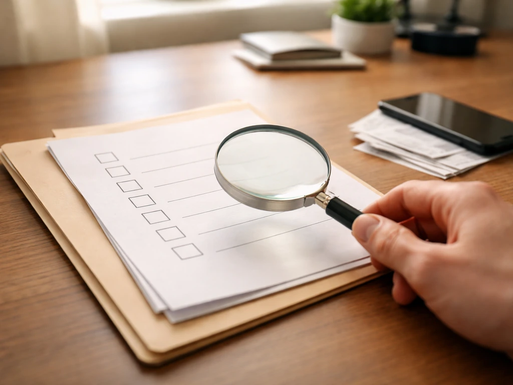 Minimal checklist-style scene with documents and a smartphone on a desk for verifying conflicting figures