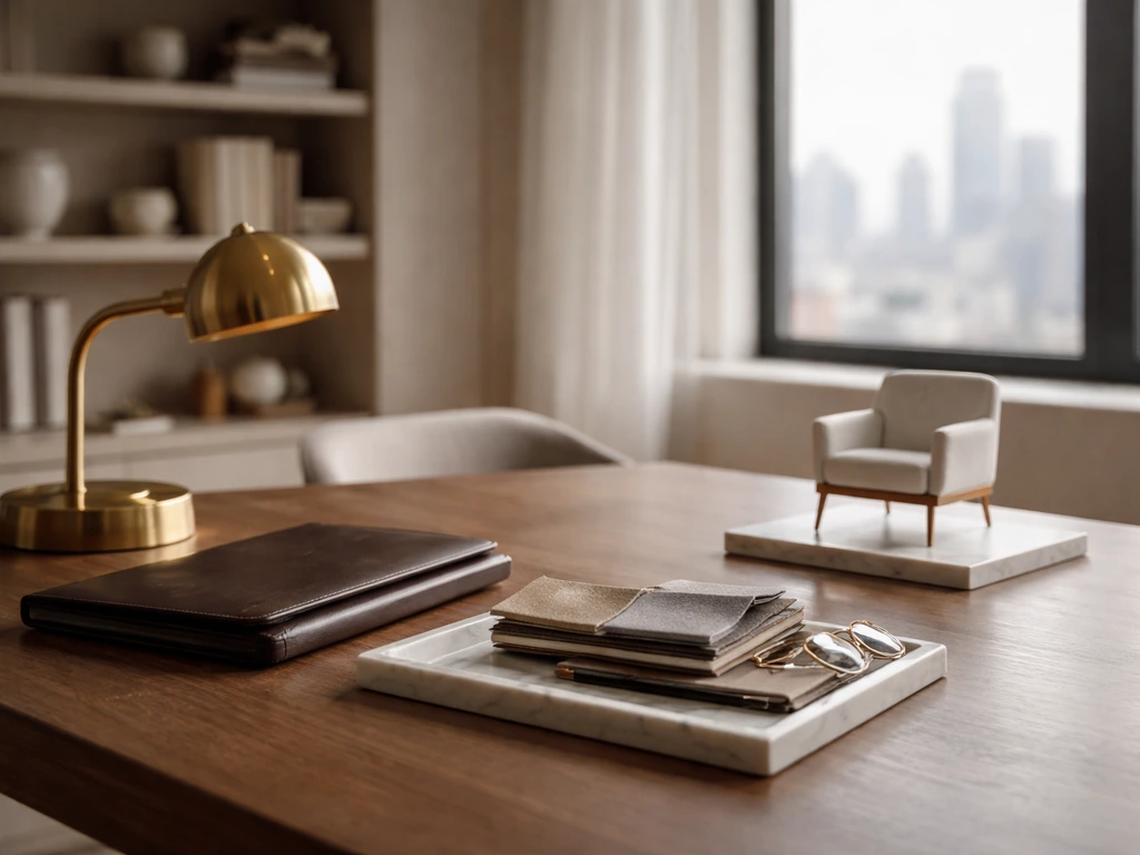 Minimal studio scene with a luxury desk, tools, and a subtle media/business atmosphere symbolizing a design CEO’s wealth