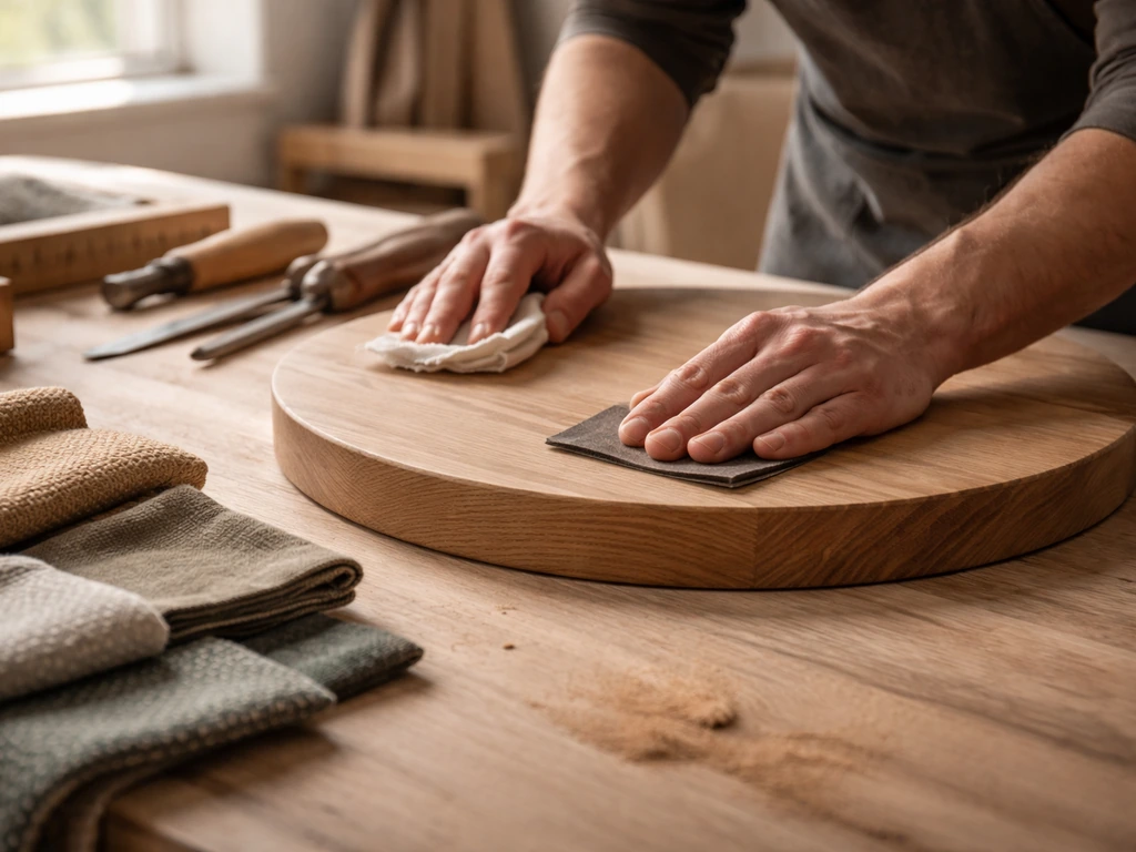Close view inside a design studio with a craftsman’s hands on polished wood and tools