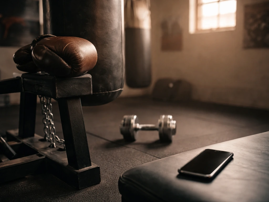Boxing glove and dumbbell in a quiet gym corner with a smartphone on a bench, no visible text.