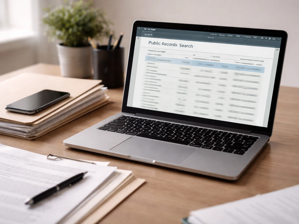 Office desk scene with laptop showing generic public records search layout and papers for verification