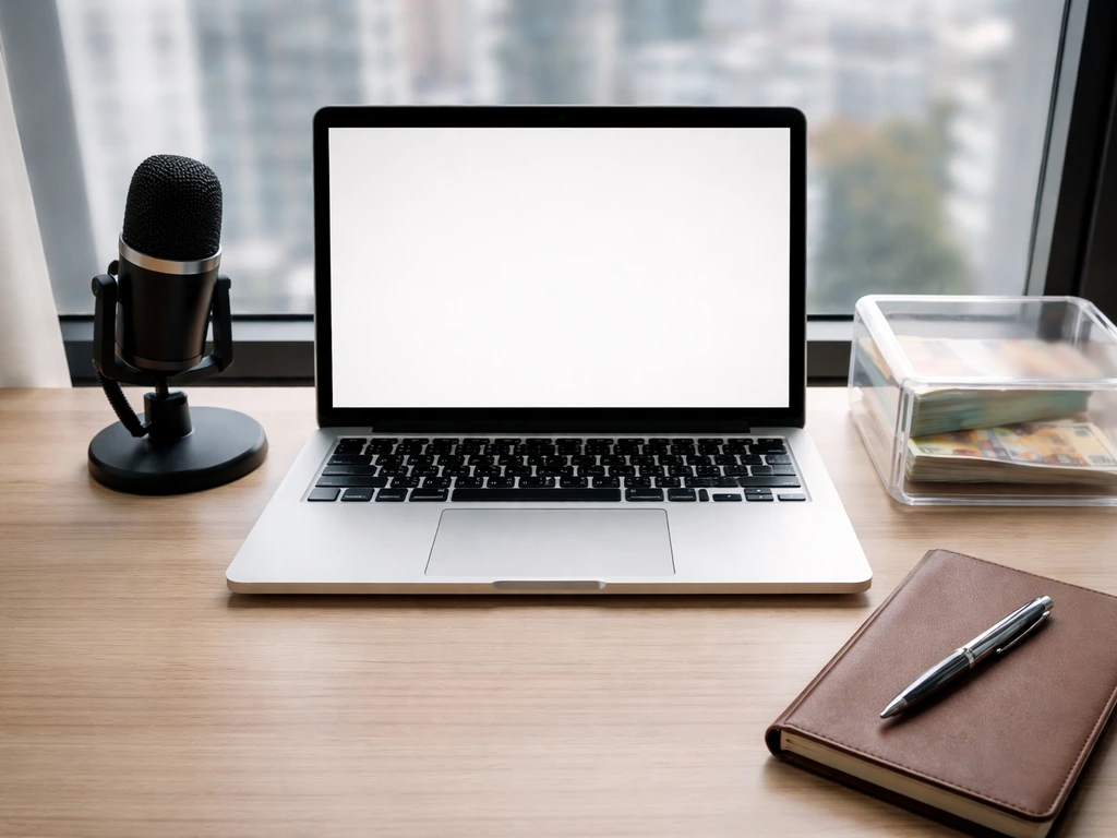 Top-down view of a laptop, microphone, and euro notes suggesting net-worth estimation for Terravision founders.