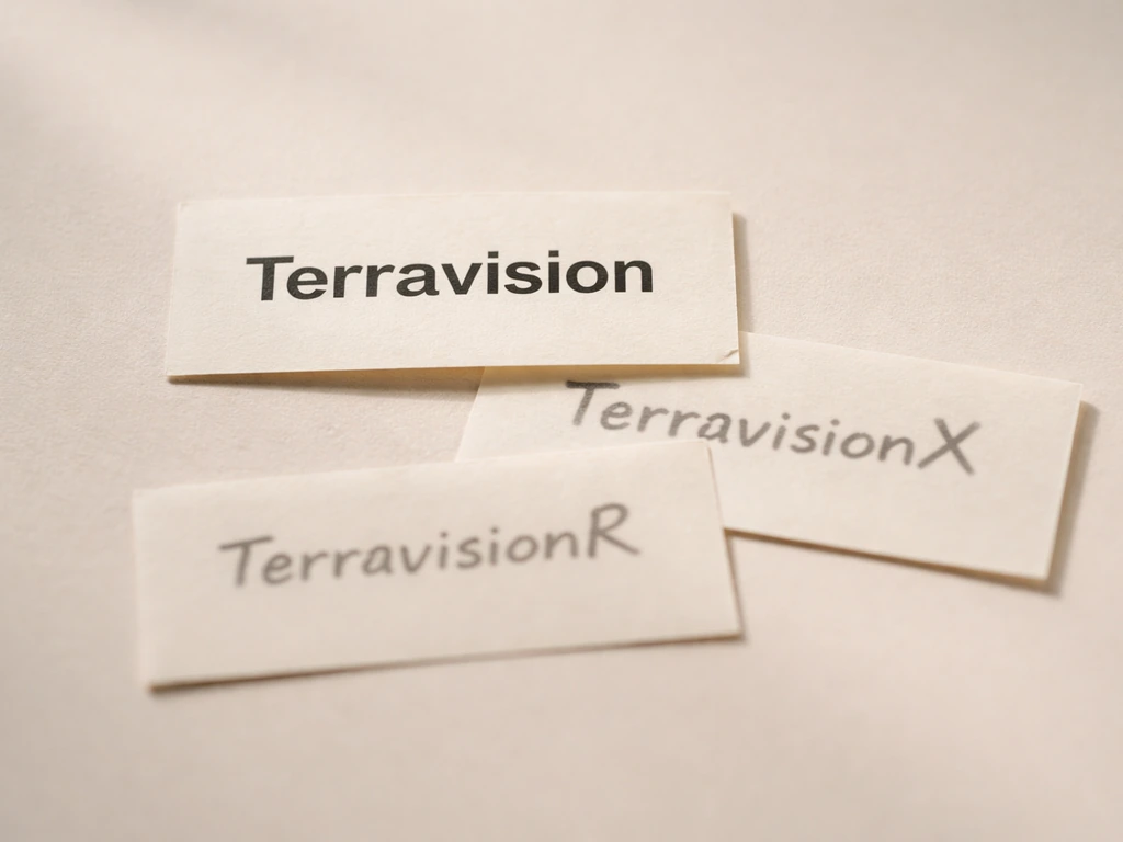Minimal collage showing blurred generic name labels for Terravision and similar variants to suggest entity confusion.