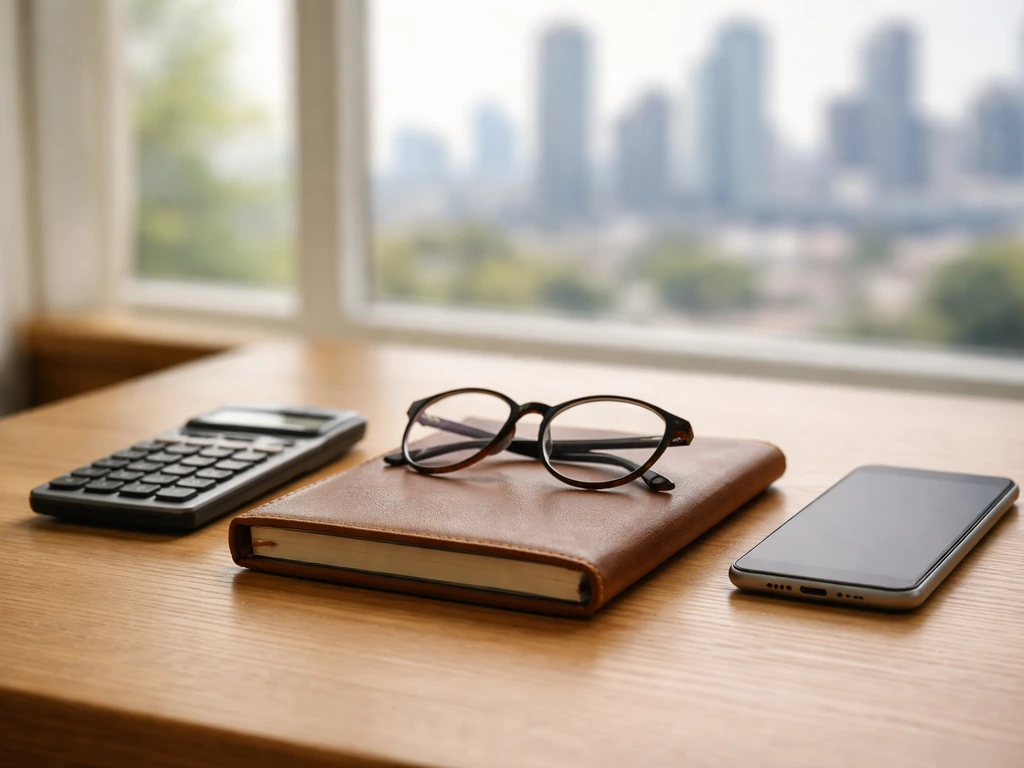 Minimal photo of a desk with a calculator, notebook, and blurred city skyline, symbolizing private net-worth methodology
