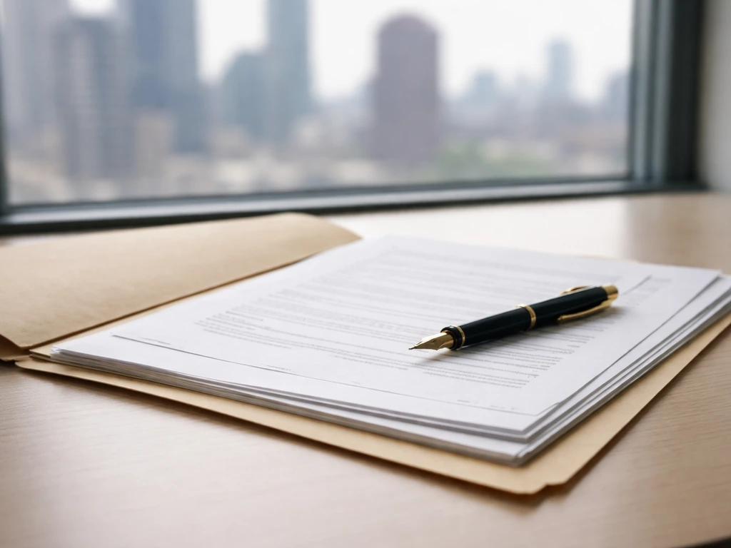 Close-up of a paper document folder and pen on a desk, suggesting company filings and finance records