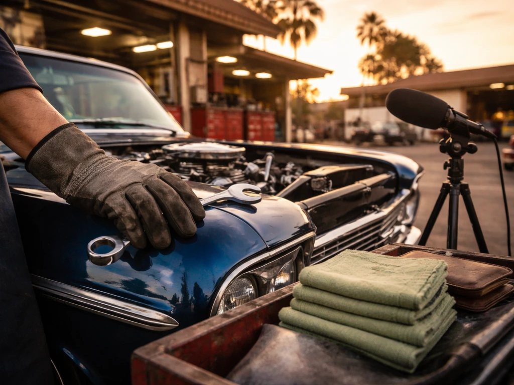 Classic customized car in a minimal workshop scene with tools and a media microphone setup, no identifiable person.