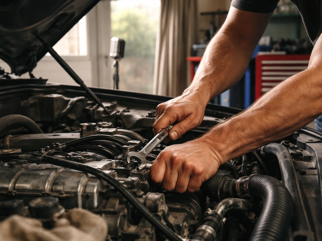 Anonymous mechanic’s hands working on a car engine in a small TV-style garage studio setting