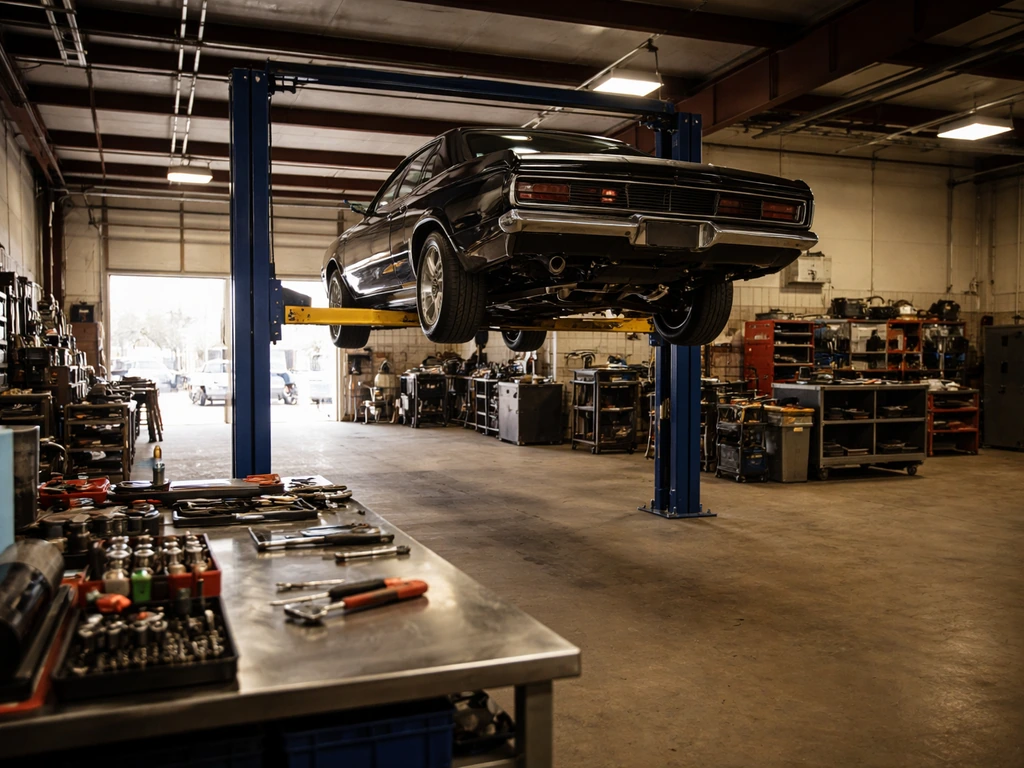 Minimal view inside an automotive restoration workshop with a car on a lift and tools on a bench.