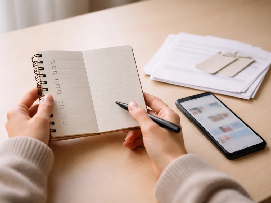 Hands reviewing a blank checklist with documents and a phone, showing blurred, non-readable search pages.