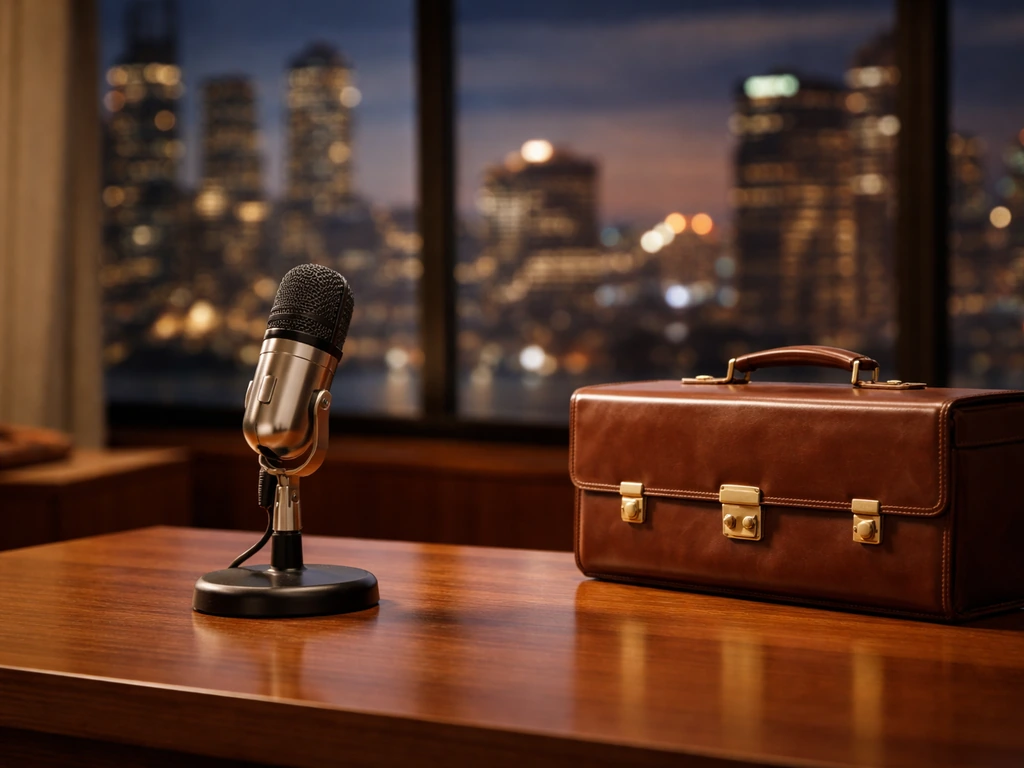 Minimal media-and-wealth scene: a TV studio desk with a microphone and a briefcase-like object near city lights