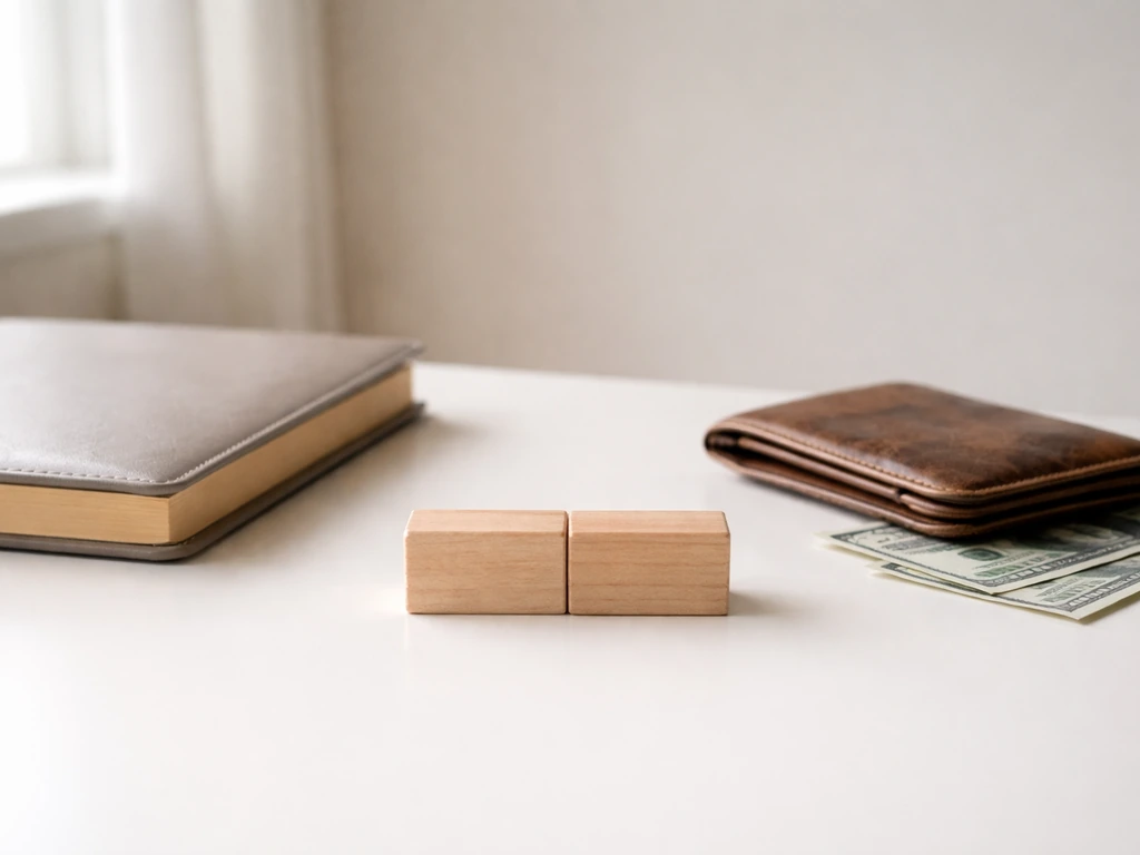 Minimal desk scene with wallet and notebook symbolizing a financial net worth estimate range.