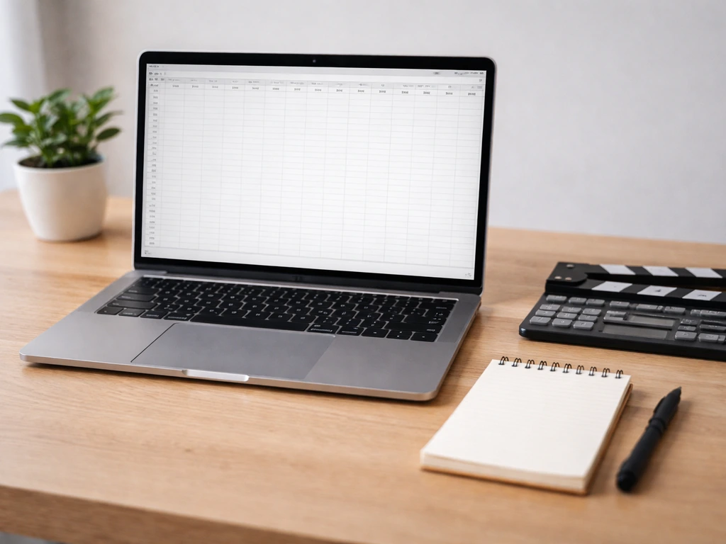 Minimal desk with laptop spreadsheet grid, calculator, and subtle media objects for net worth modeling.