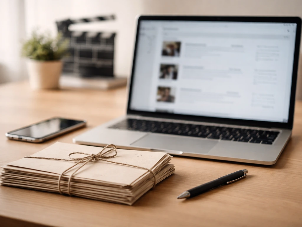 Minimal desk with laptop showing an unreadable film database page, phone, and archived documents for verification steps.