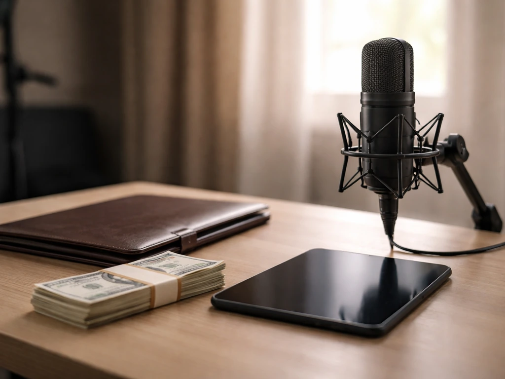Close-up of an anonymous studio desk with a microphone and luxury money-themed props symbolizing net worth estimates.