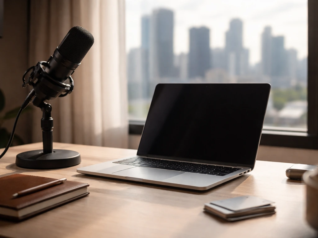 Empty media studio desk with a microphone, open laptop, and blurred city view symbolizing celebrity wealth interest.