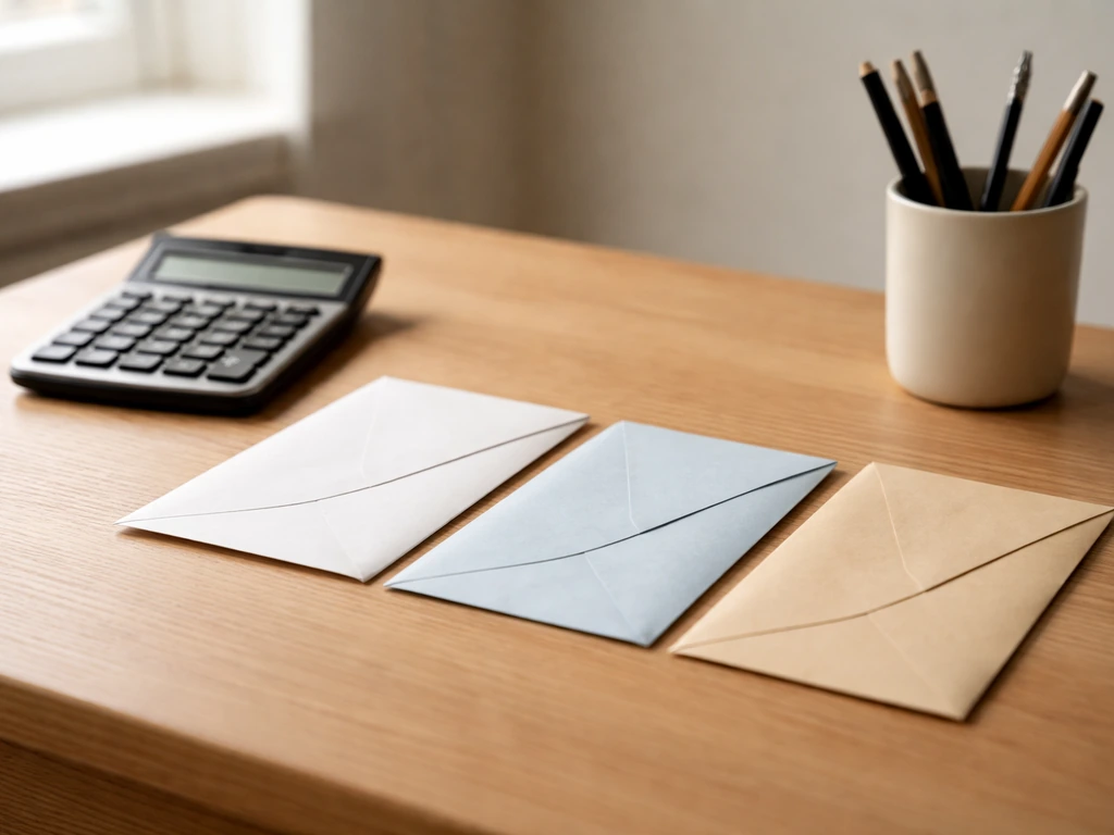 Minimal photo of a desk with three closed envelopes beside a calculator, suggesting differing net-worth methods
