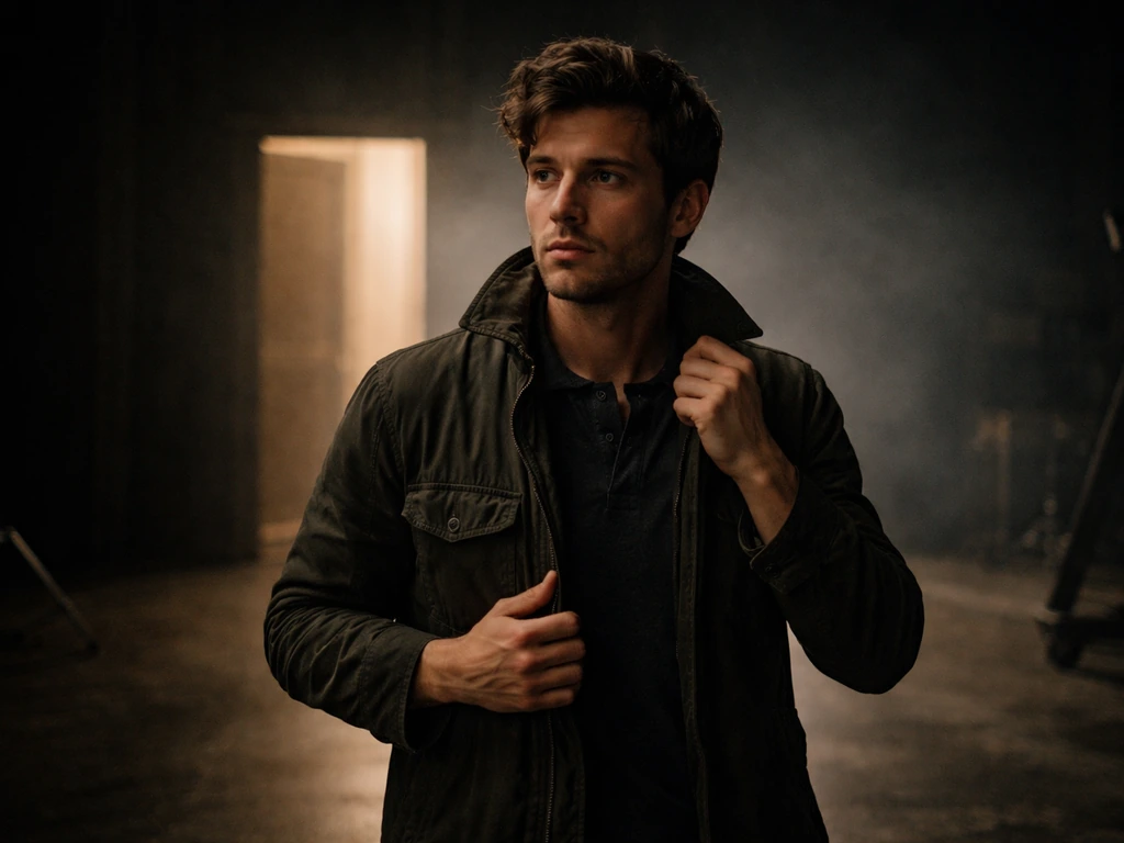 Colombian actor in a dramatic TV/film set moment, cinematic lighting, minimal background.