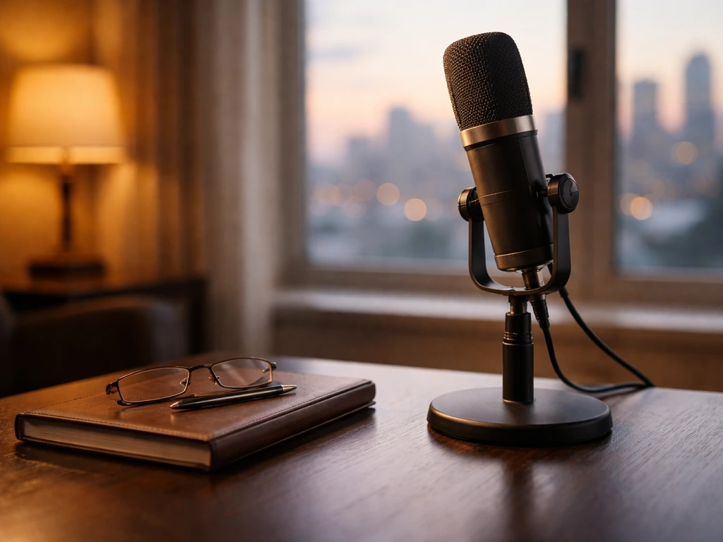 Italian actress vibe: elegant media studio desk with microphone and soft golden light symbolizing fame and wealth