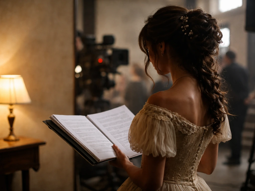 Actress on an Italian film set holding a script binder, with a camera rig softly blurred behind her.