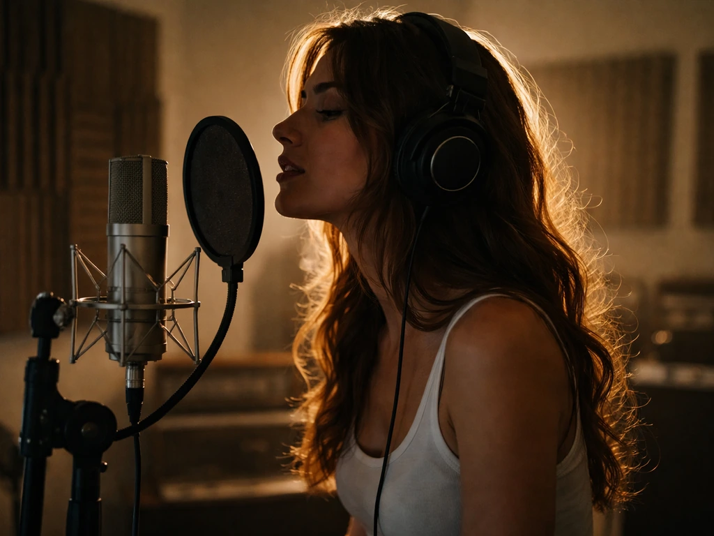 Singer performing with a microphone in a softly lit recording studio during an album-era session