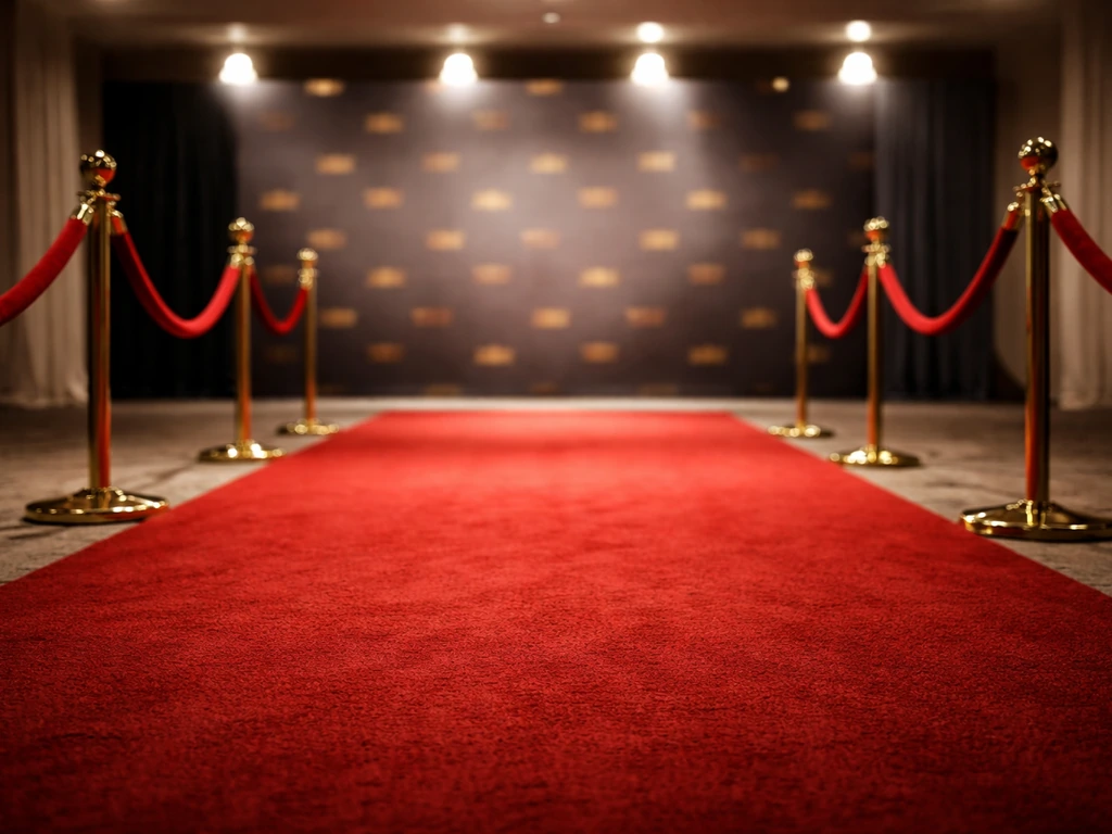 Empty luxury media backdrop with a red carpet rope and soft stage lighting symbolizing shifting wealth over time